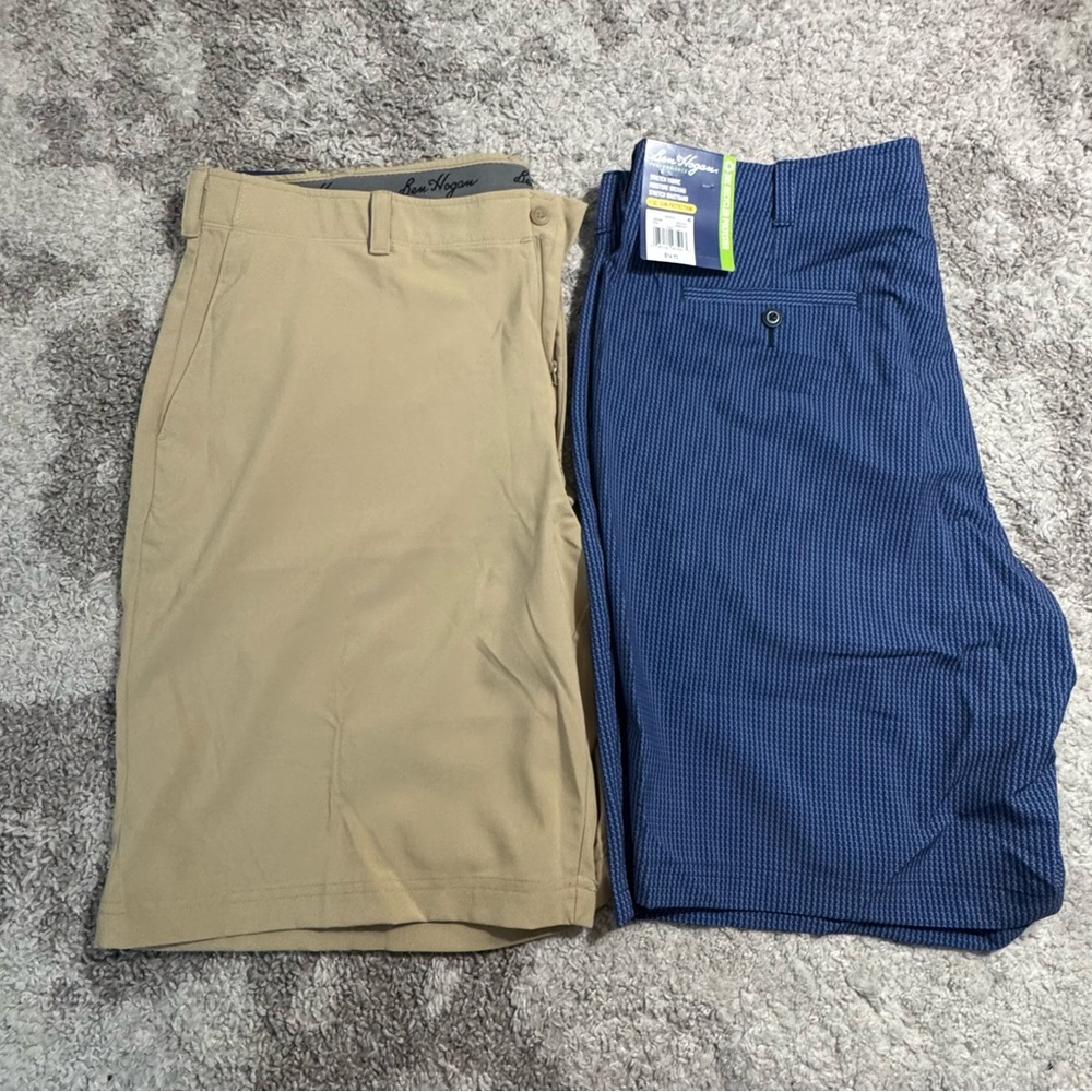 2 Hogan Tan and Blue Flat Front Shorts Modern Style